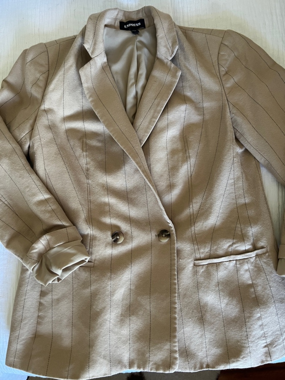 Express Women's Linen Blend Tan Pinstripe Double-Breasted Blazer and pant set